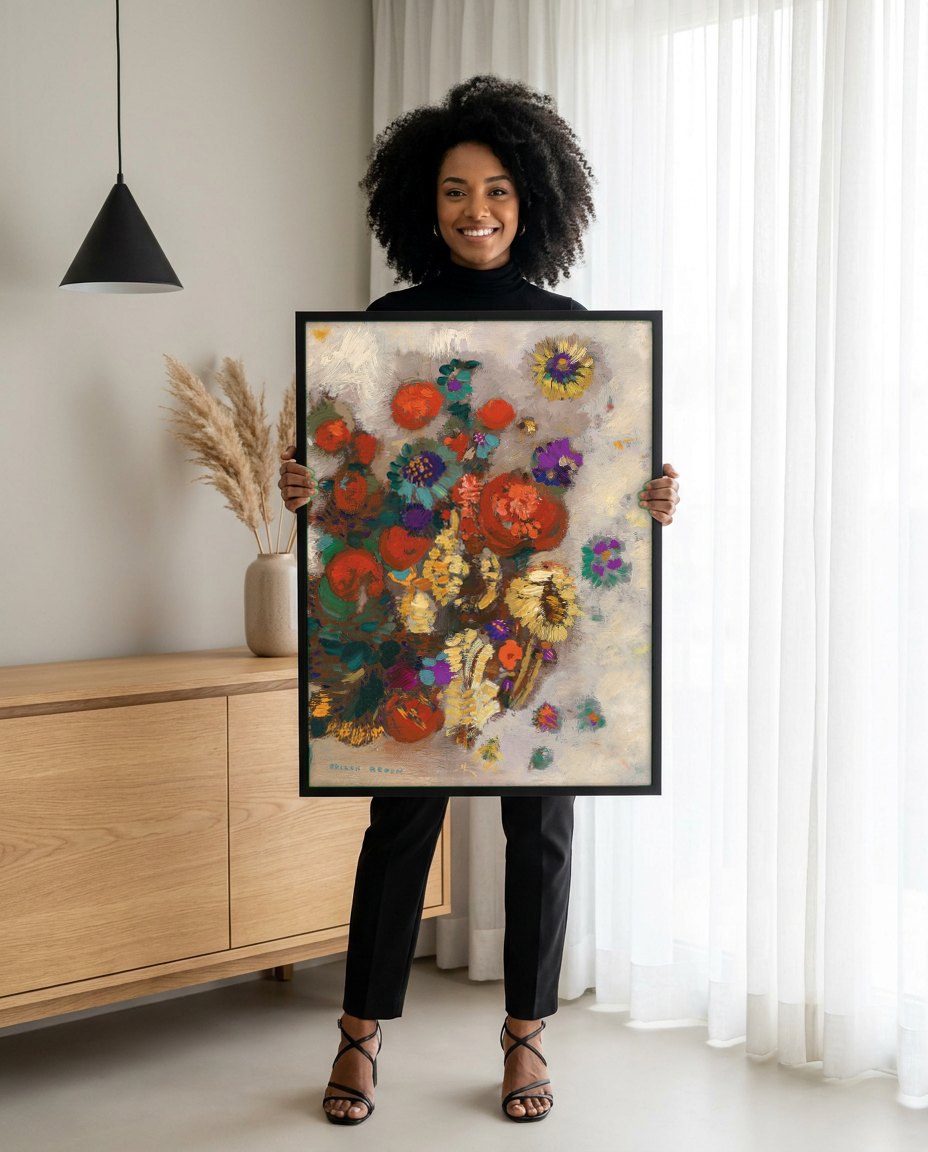 Quadro Decorativo Flores Abstratas - Odilon Redon | modelo apresentando o quadro emoldurado