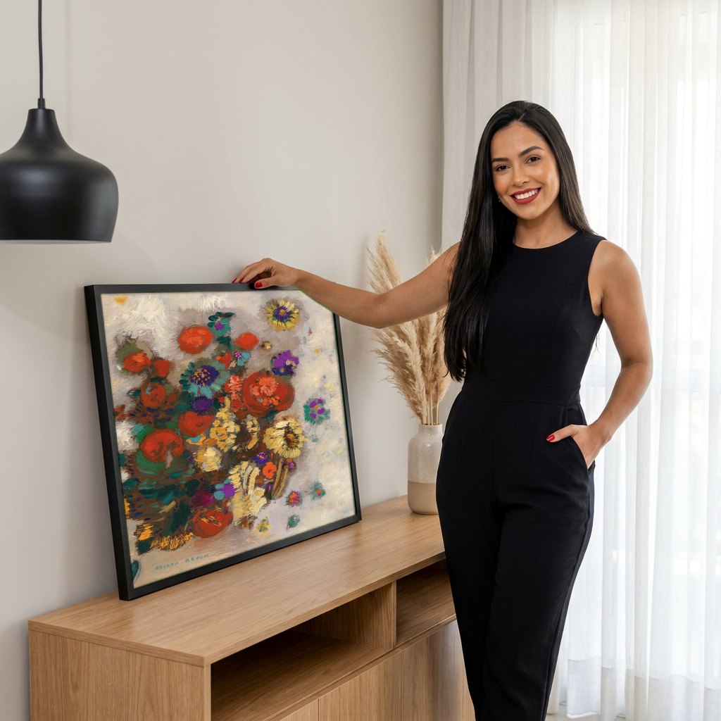 Quadro Decorativo Flores Abstratas - Odilon Redon | modelo apresentando o quadro emoldurado