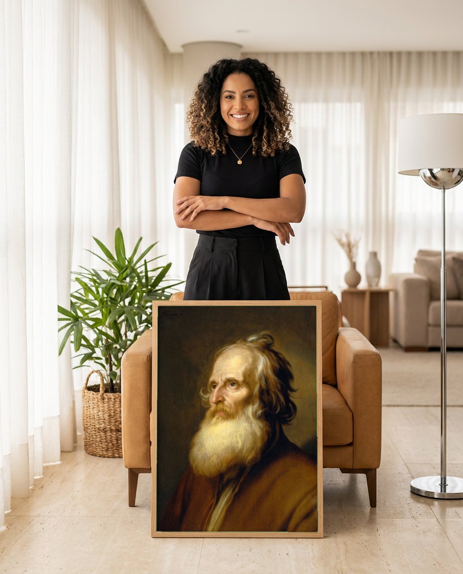 Quadro Decorativo Retrato de Homem Idoso - Abraham Bloemaert | modelo apresentando o quadro emoldurado