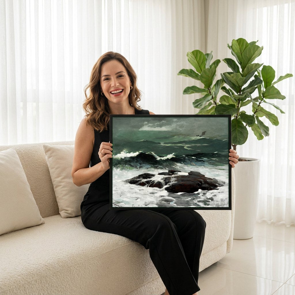 Quadro Decorativo Mar Revolto - Winslow Homer | modelo apresentando o quadro emoldurado