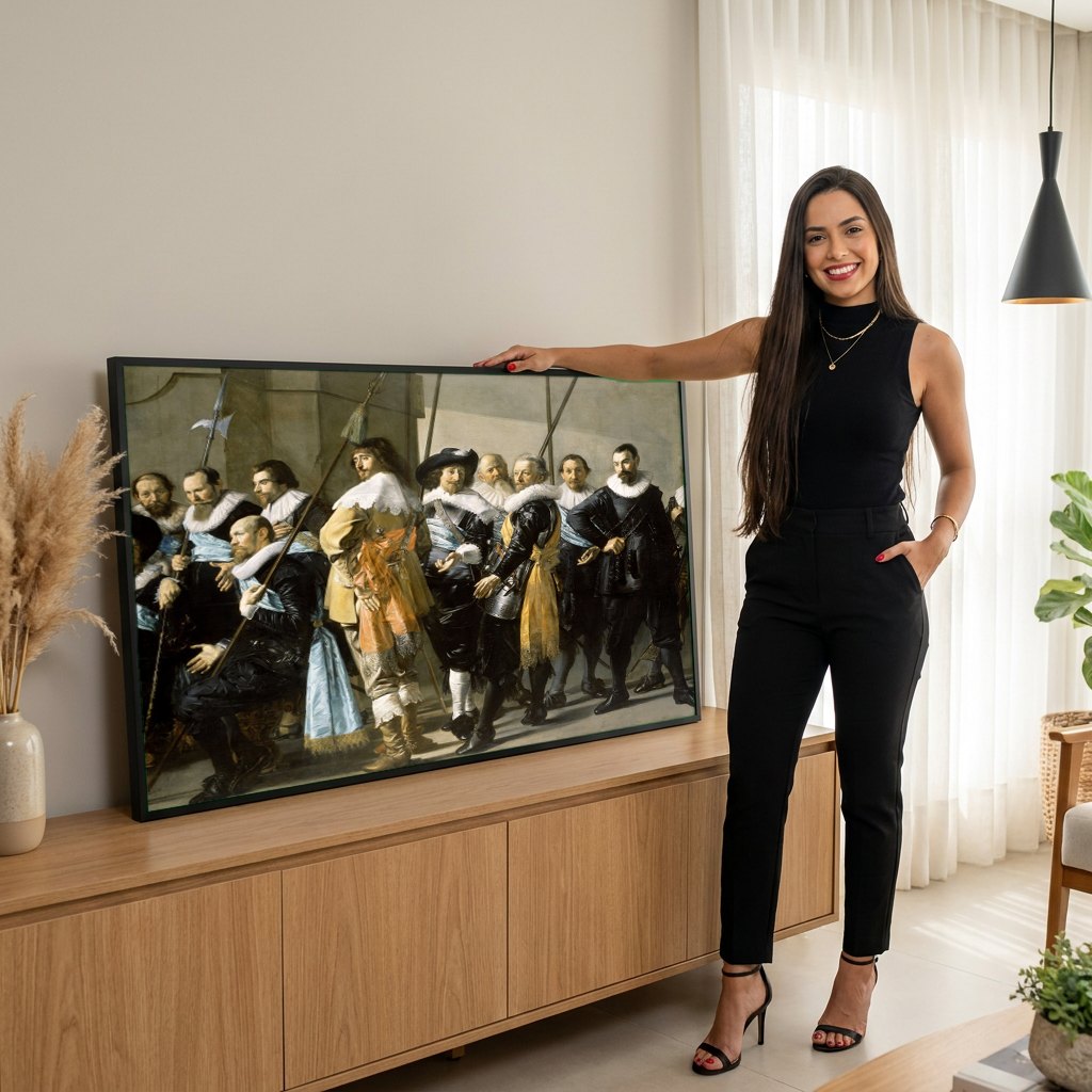 Quadro Decorativo A Companhia do Capitão Reinier Reael - Frans Hals | modelo apresentando o quadro emoldurado