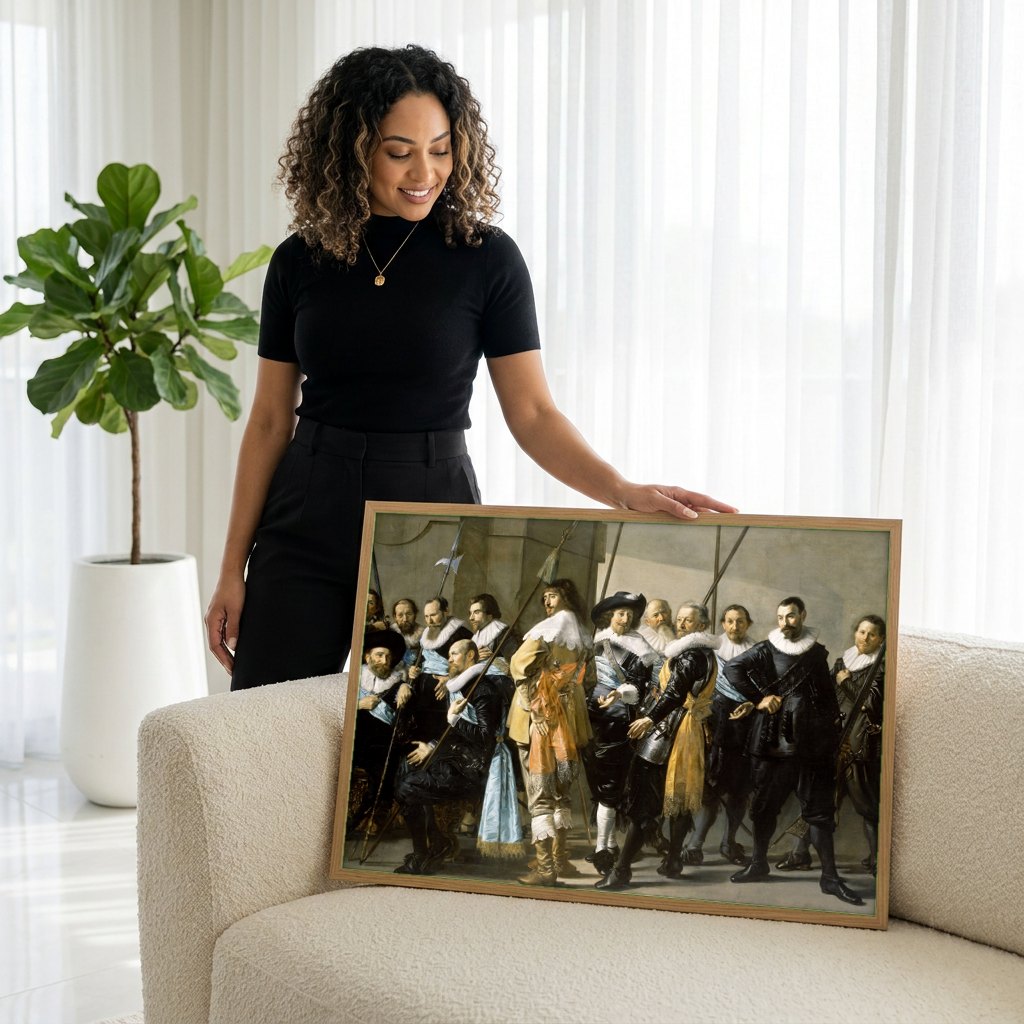 Quadro Decorativo A Companhia do Capitão Reinier Reael - Frans Hals | modelo apresentando o quadro emoldurado