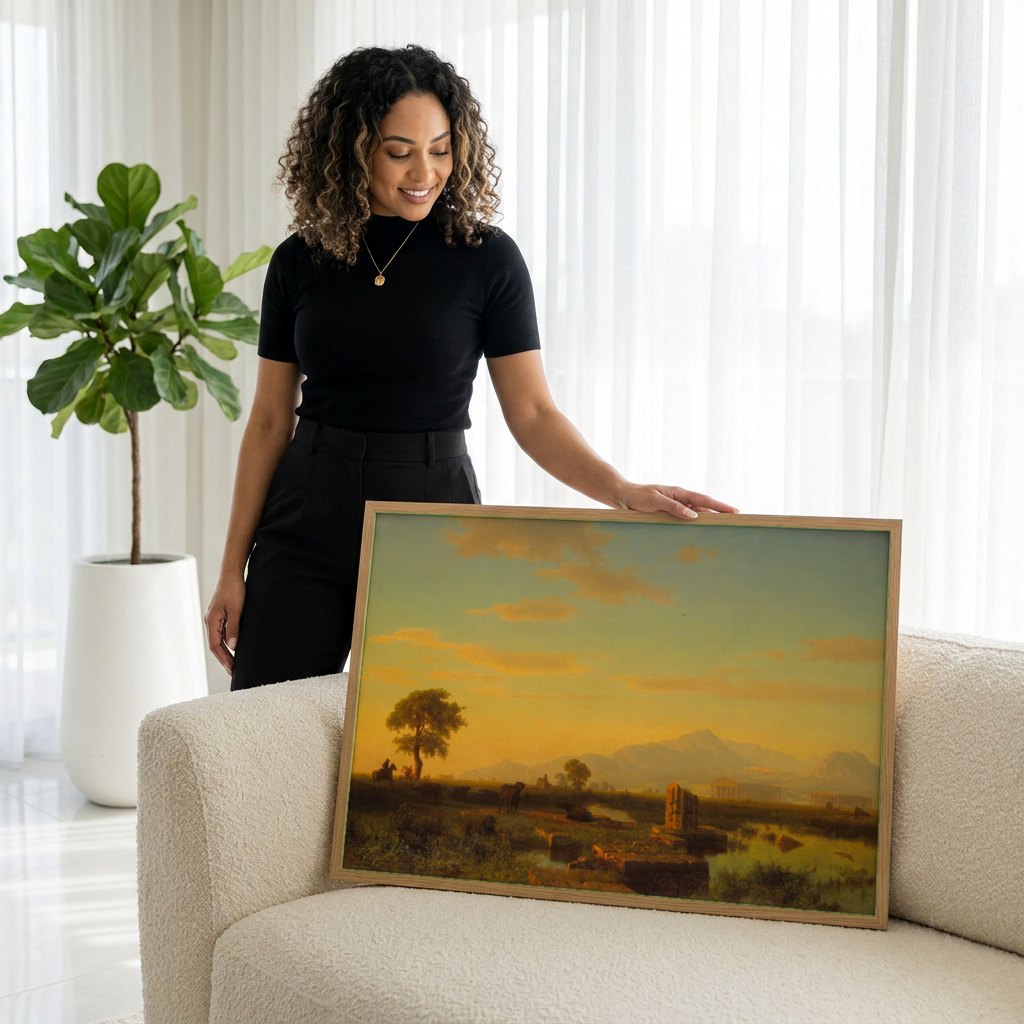 Quadro Decorativo Campo Romano ao Pôr do Sol - Albert Bierstadt | modelo apresentando o quadro emoldurado