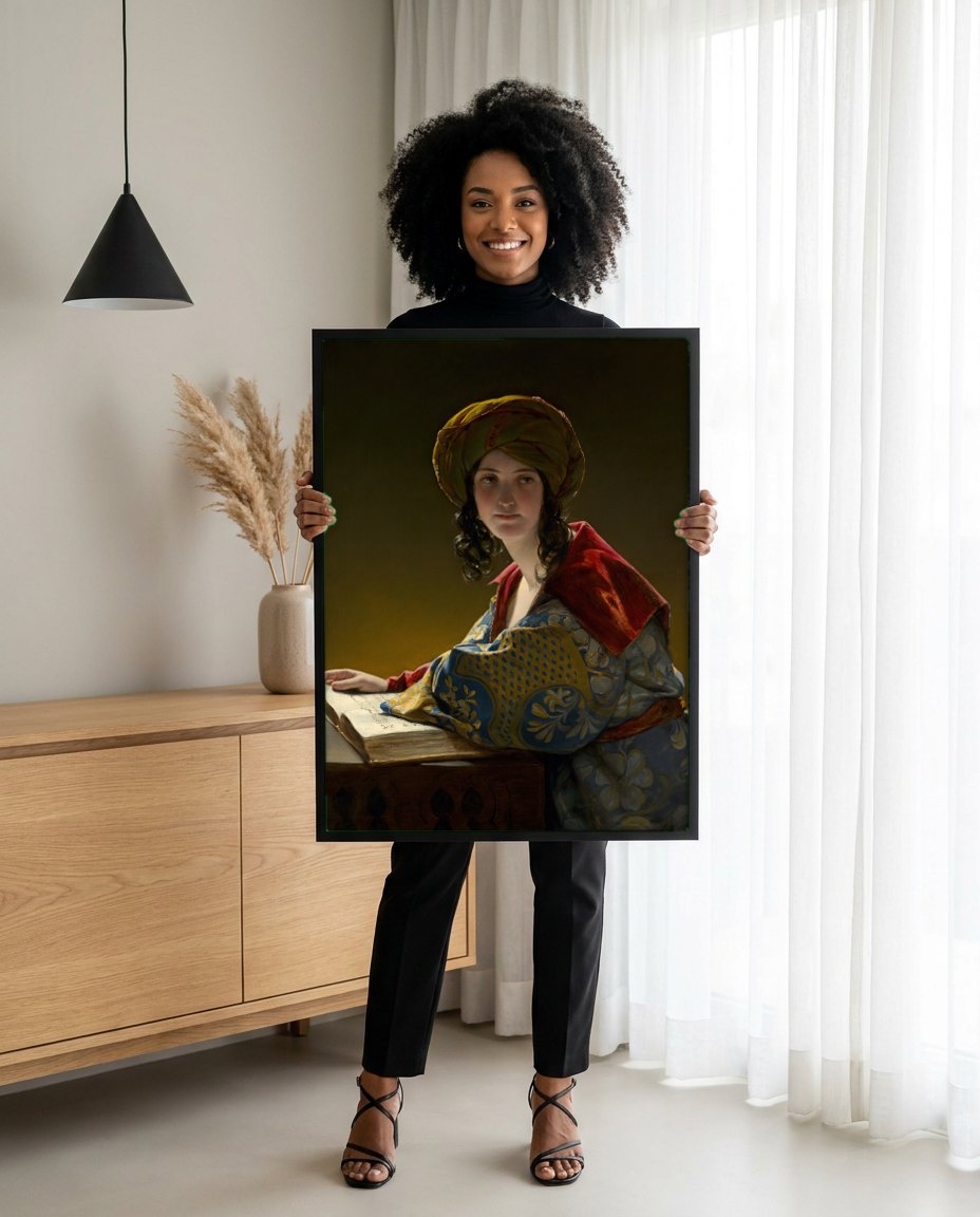 Quadro Decorativo A Leitora - Friedrich von Amerling | modelo apresentando o quadro emoldurado