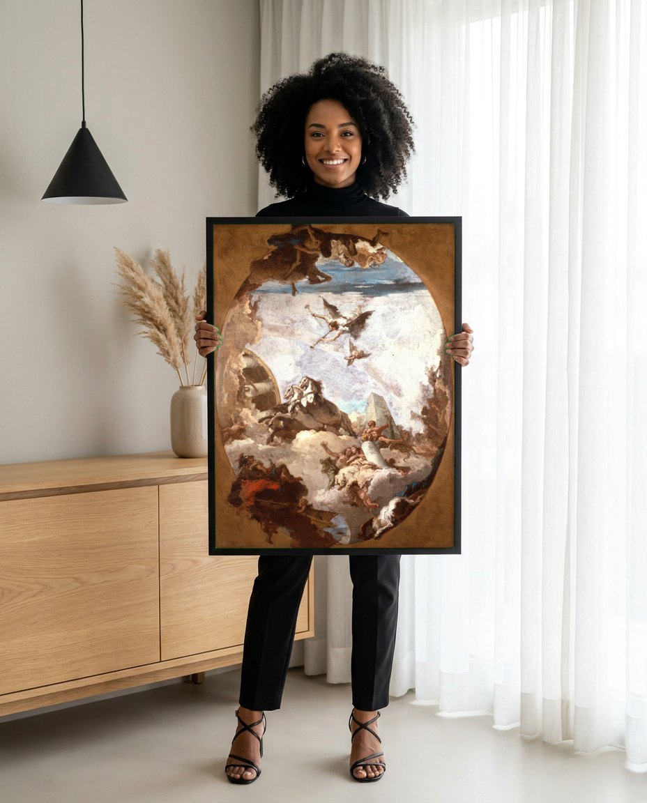 Quadro Decorativo Apolo e as Horas - Tiepolo | modelo apresentando o quadro emoldurado