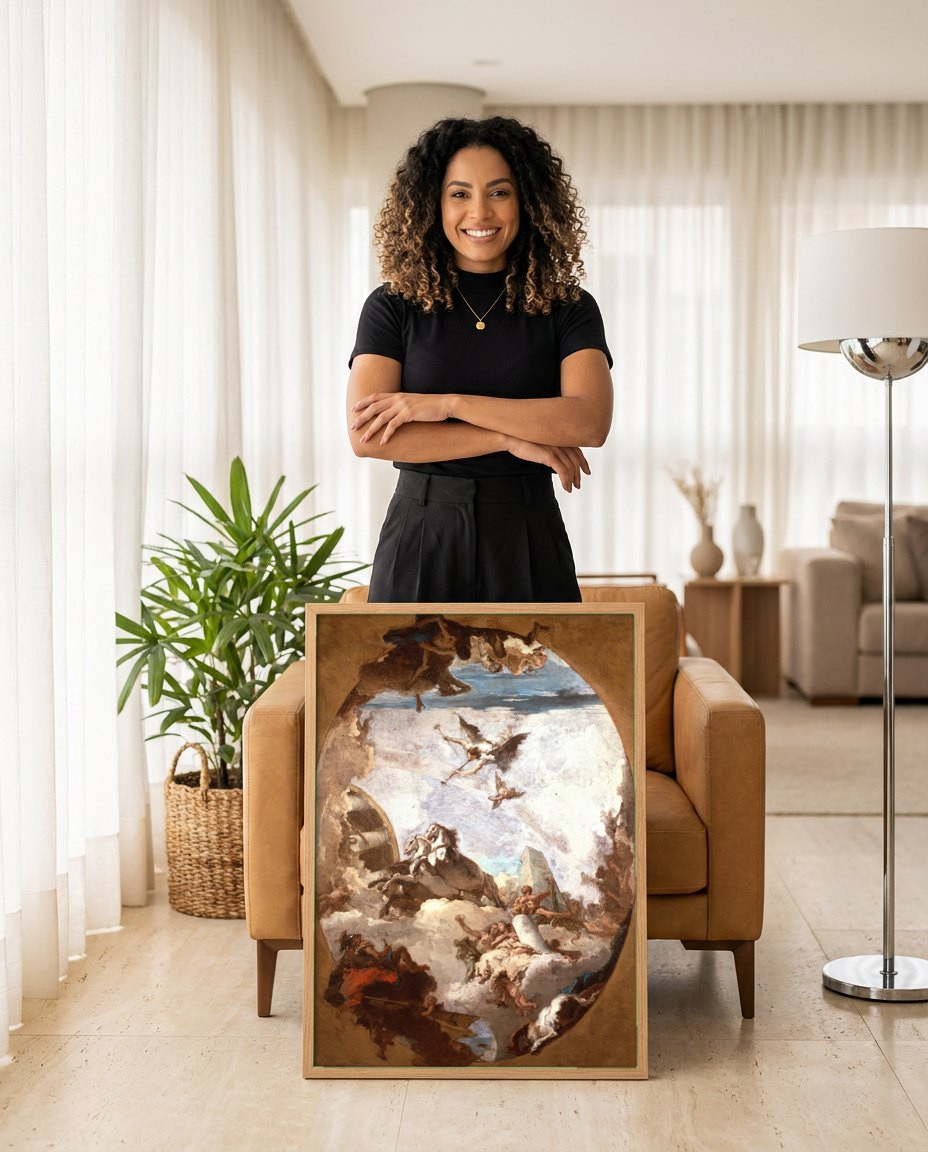 Quadro Decorativo Apolo e as Horas - Tiepolo | modelo apresentando o quadro emoldurado