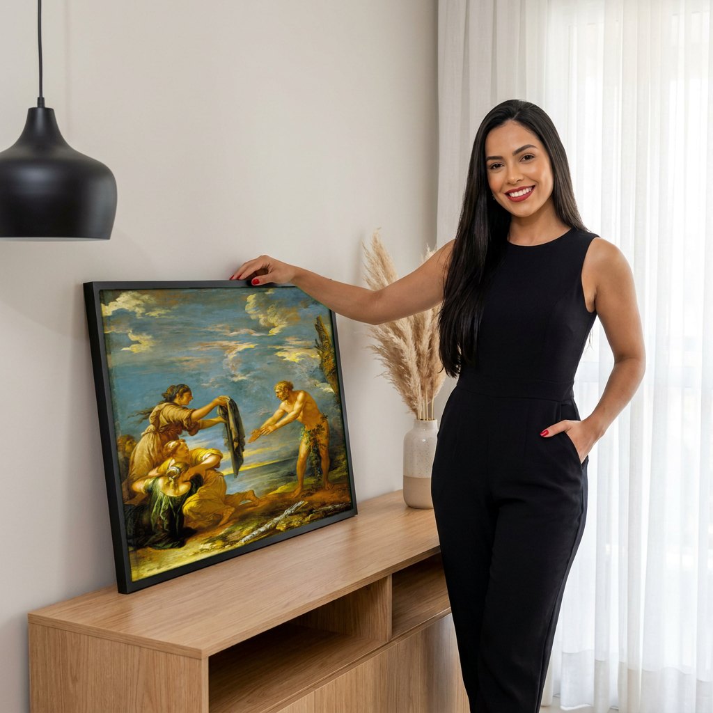 Quadro Decorativo A Chegada de Enéias ao Lácio - Salvator Rosa | modelo apresentando o quadro emoldurado