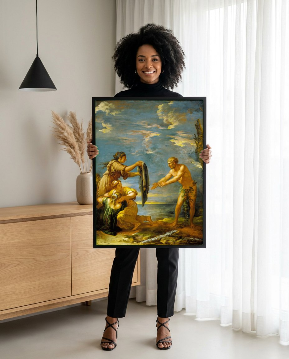 Quadro Decorativo A Chegada de Enéias ao Lácio - Salvator Rosa | modelo apresentando o quadro emoldurado