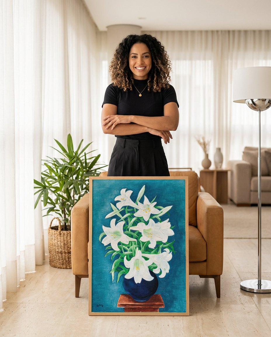 Quadro Decorativo Lírios em Vaso Azul - Moïse Kisling | modelo apresentando o quadro emoldurado