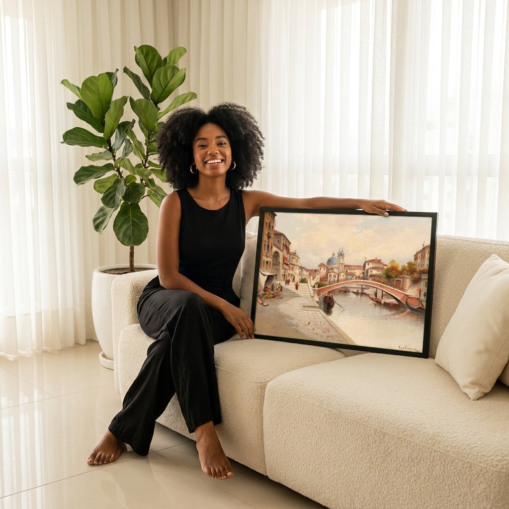 Quadro Decorativo Canal de Veneza com Ponte - Karl Kaufmann | modelo apresentando o quadro emoldurado