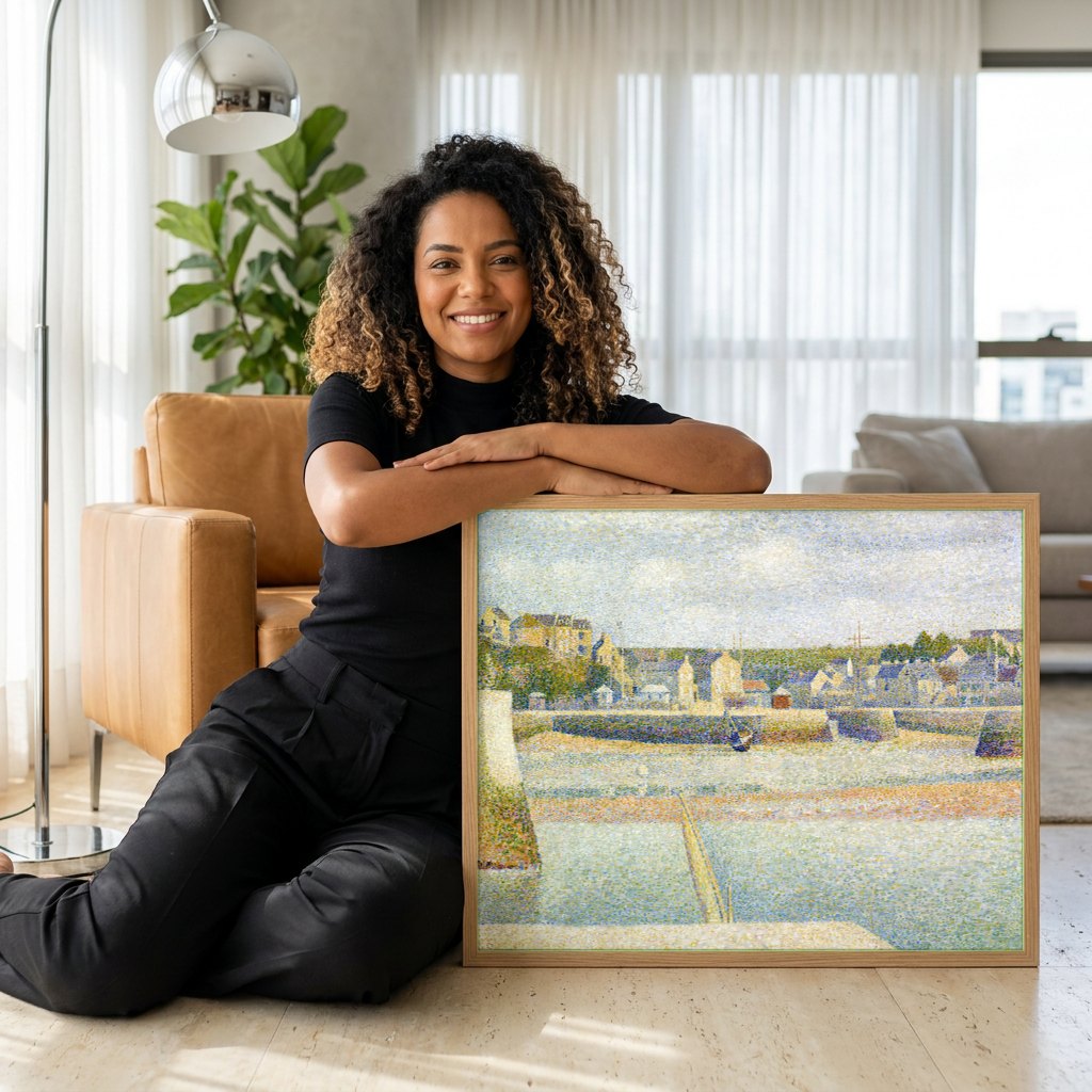 Quadro Decorativo Porto em Grandcamp - Georges Seurat | modelo apresentando o quadro emoldurado