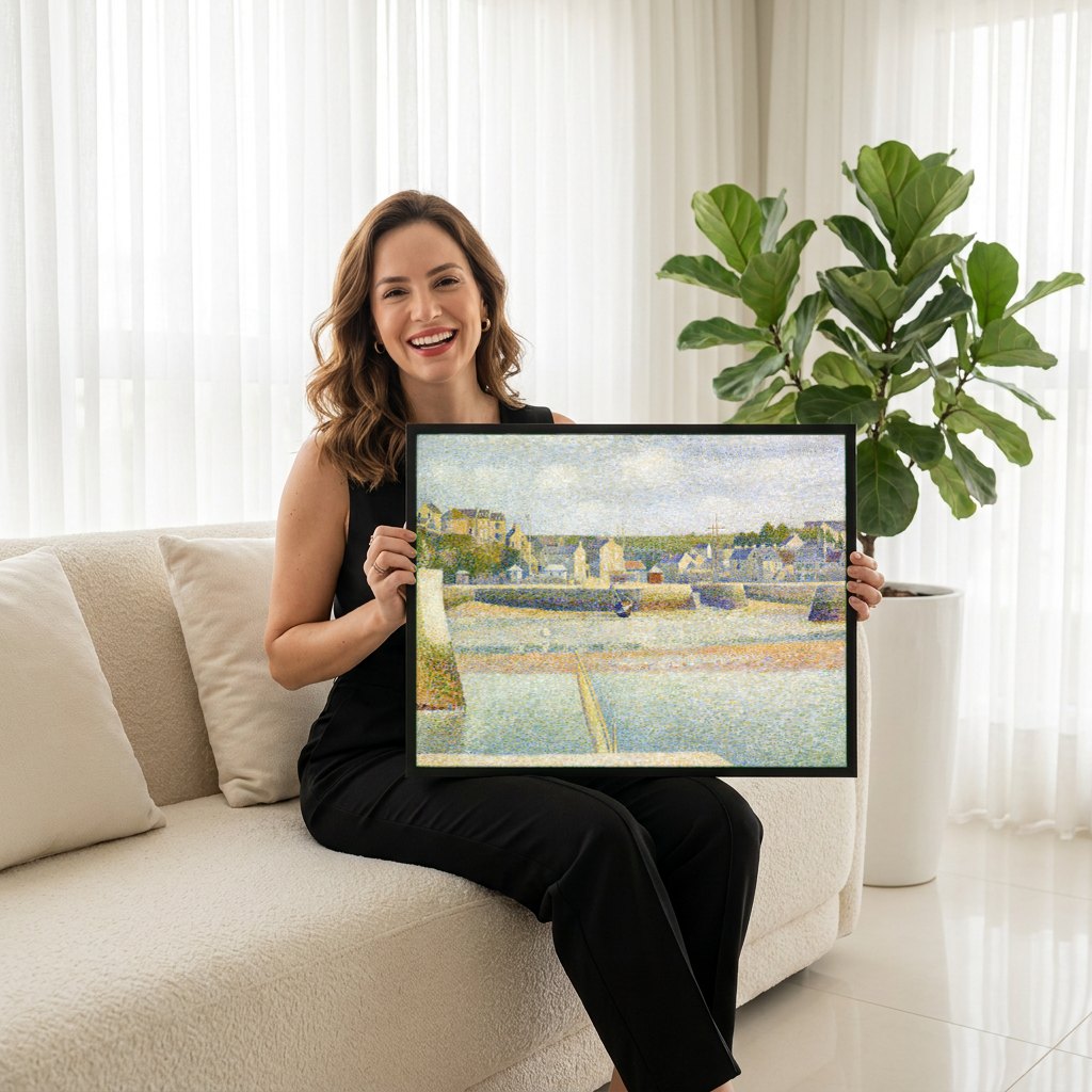 Quadro Decorativo Porto em Grandcamp - Georges Seurat | modelo apresentando o quadro emoldurado