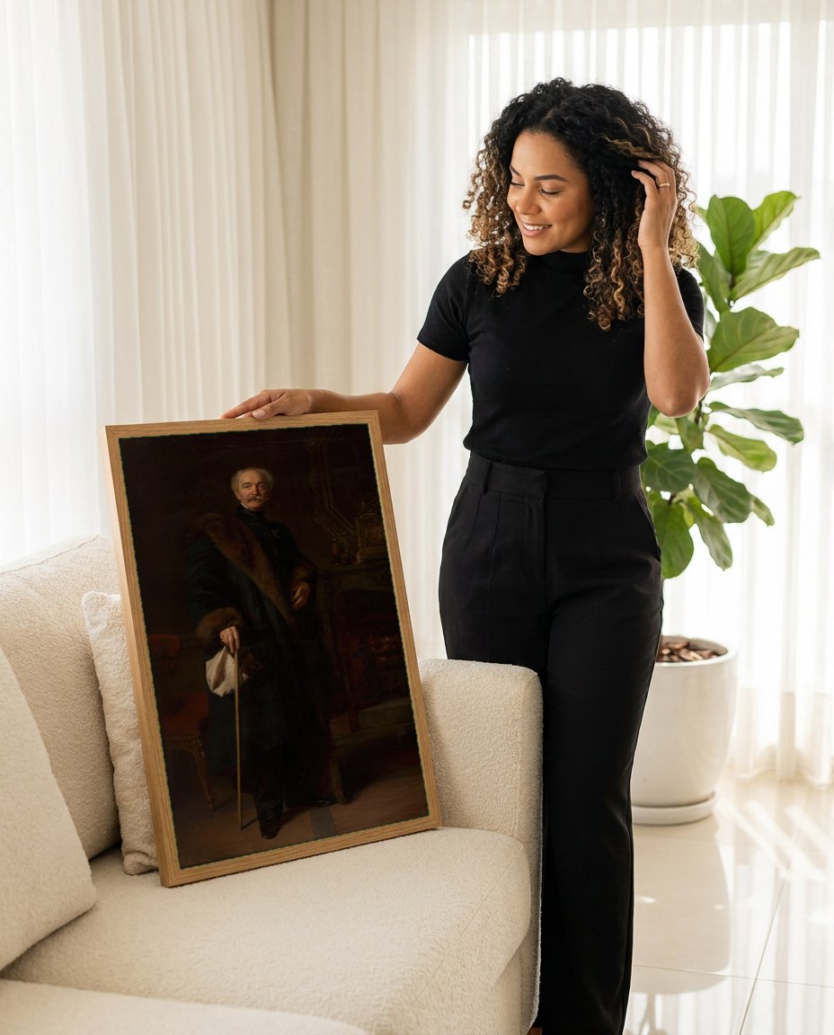 Quadro Decorativo Retrato de Cavalheiro - Simmler | modelo apresentando o quadro emoldurado