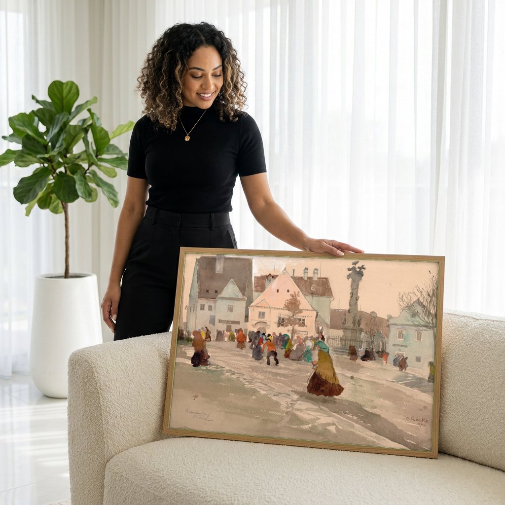 Quadro Decorativo Cena Urbana em Mercado - Oskar Laske | modelo apresentando o quadro emoldurado