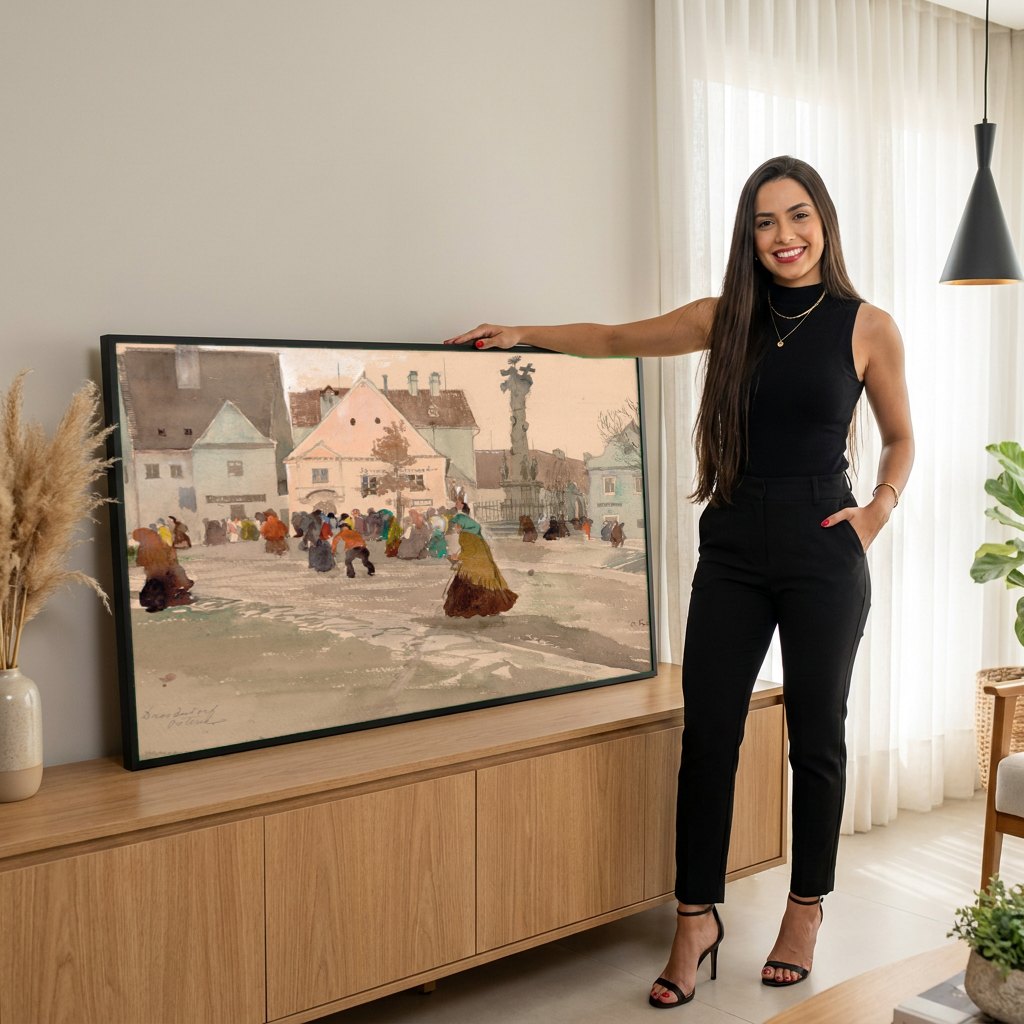 Quadro Decorativo Cena Urbana em Mercado - Oskar Laske | modelo apresentando o quadro emoldurado