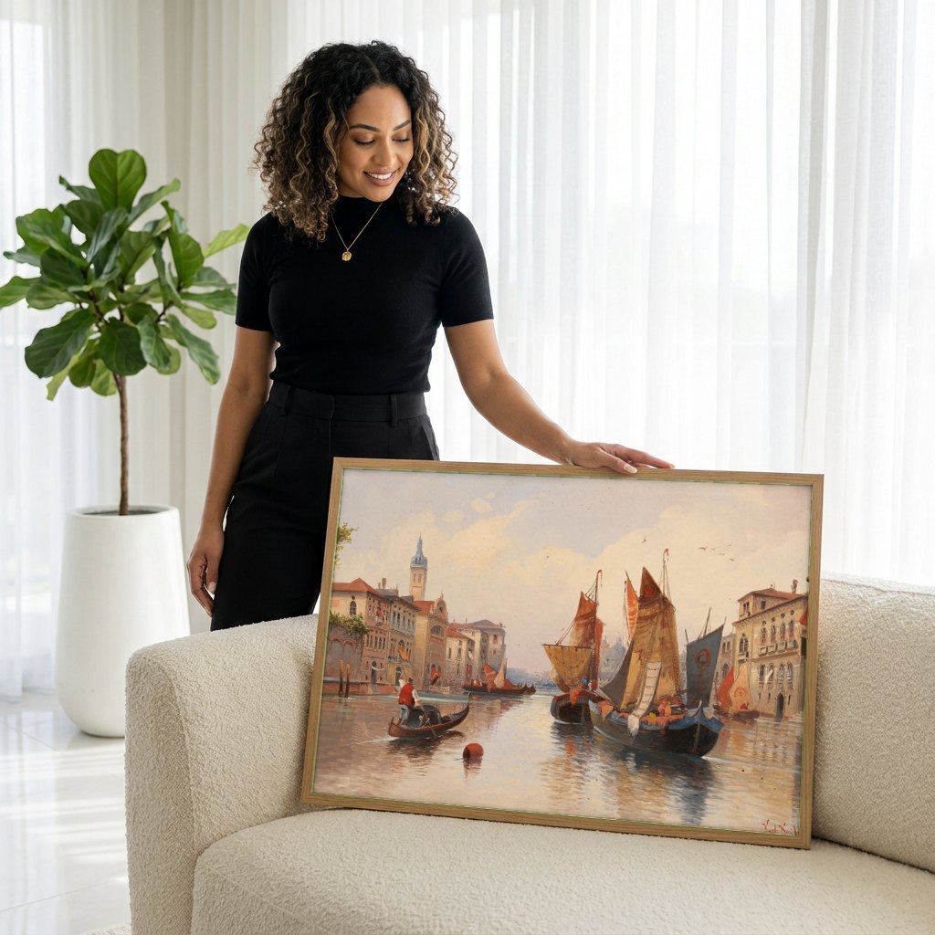 Quadro Decorativo Canal de Veneza com Gôndolas - Karl Kaufmann | modelo apresentando o quadro emoldurado