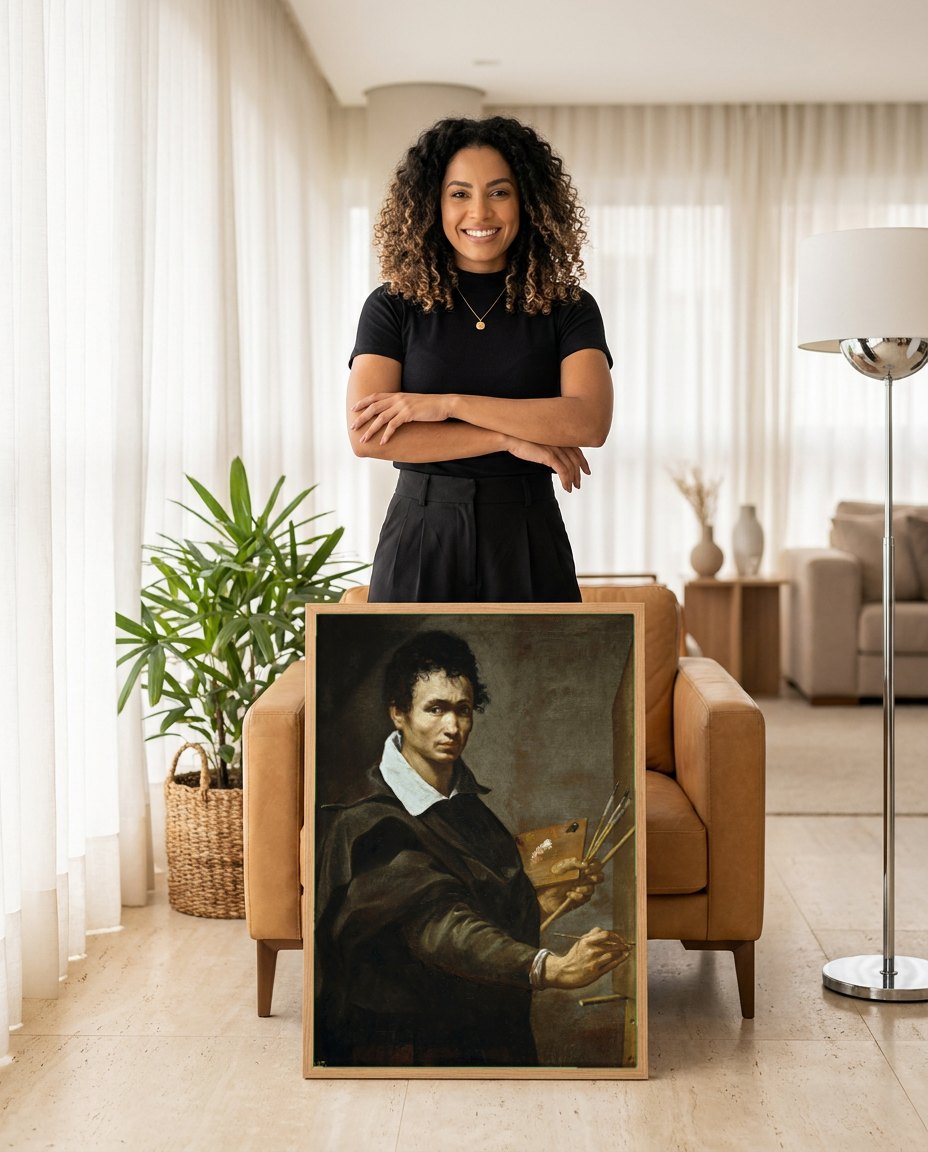 Quadro Decorativo Autorretrato - Orazio Borgianni | modelo apresentando o quadro emoldurado