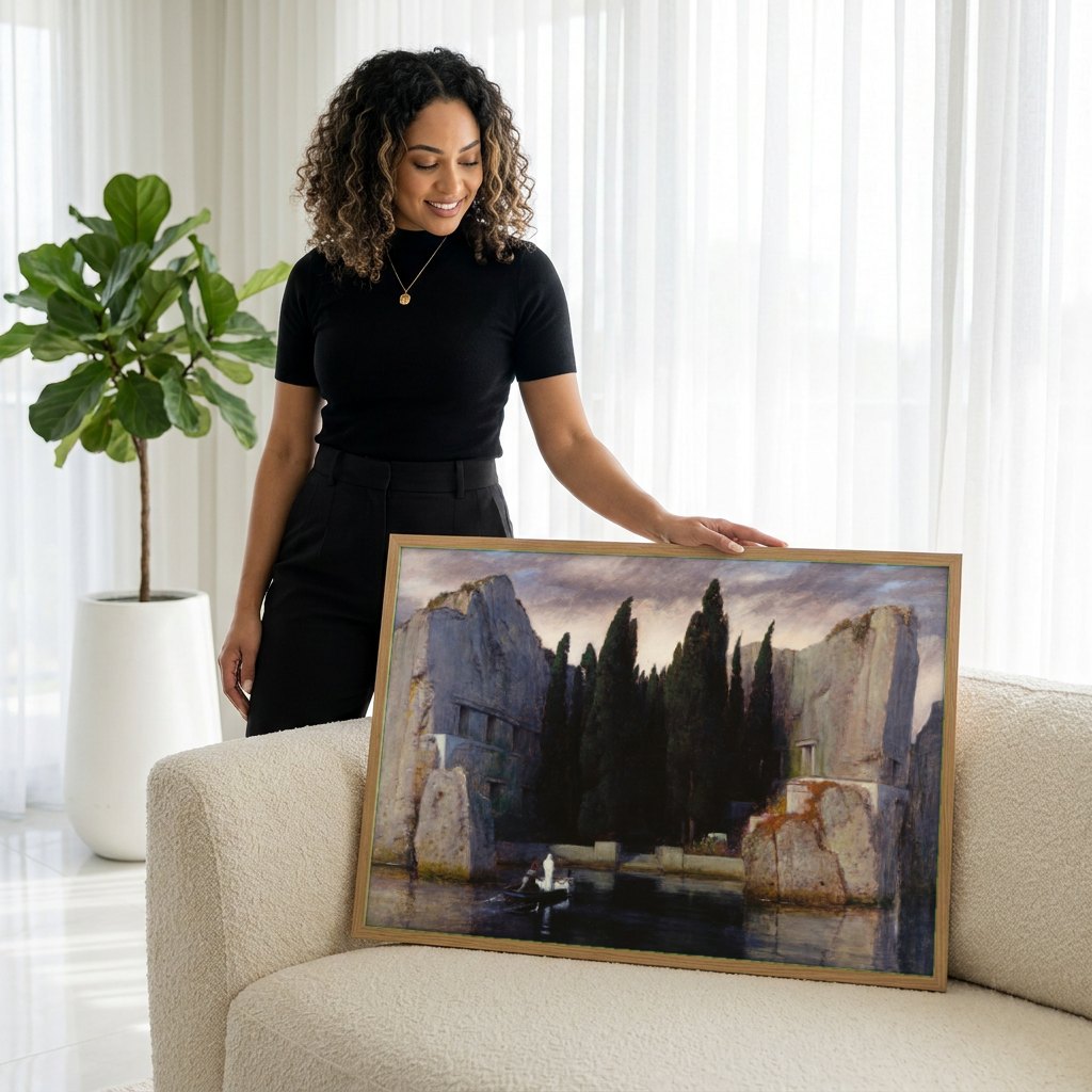Quadro Decorativo A Ilha dos Mortos - Arnold Böcklin | modelo apresentando o quadro emoldurado