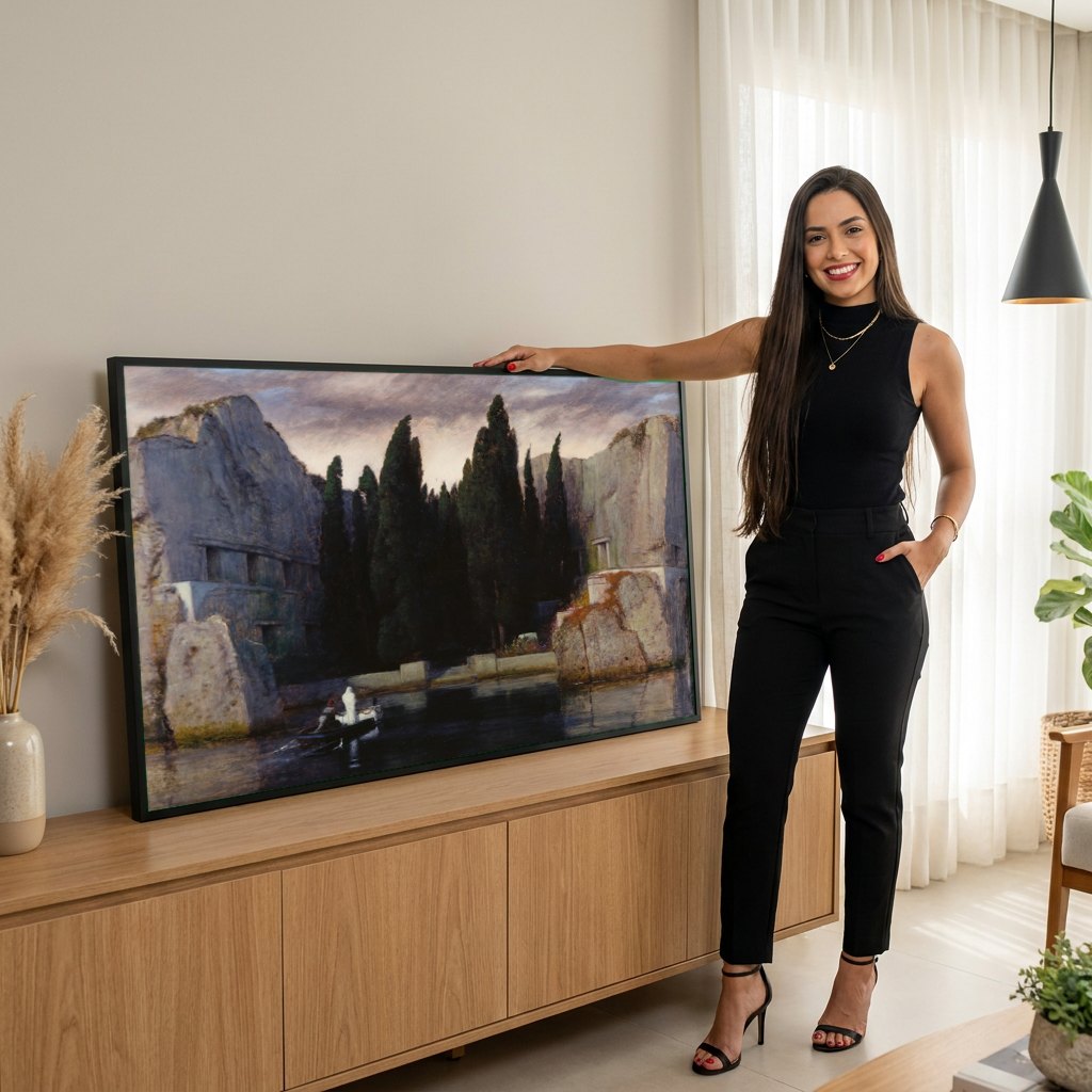 Quadro Decorativo A Ilha dos Mortos - Arnold Böcklin | modelo apresentando o quadro emoldurado