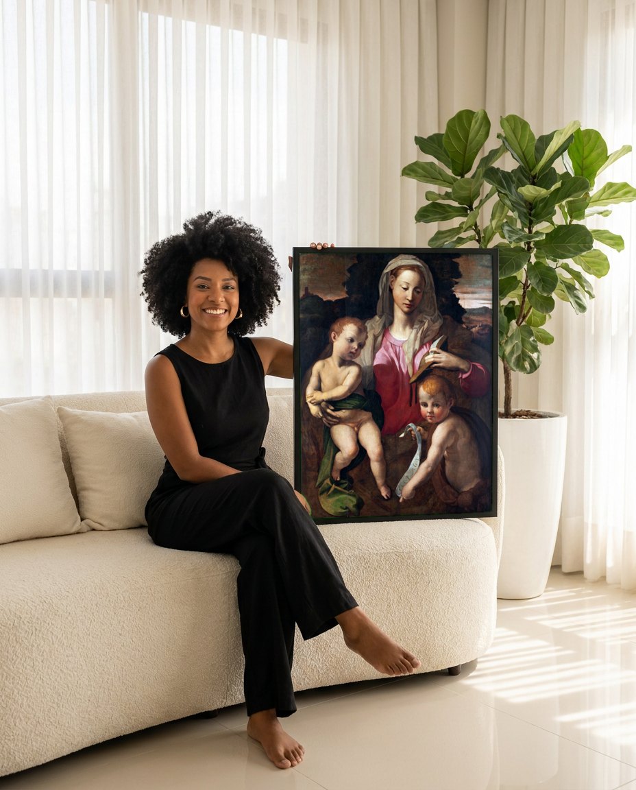 Quadro Decorativo A Virgem e o Menino com São João Batista - Bronzino | modelo apresentando o quadro emoldurado