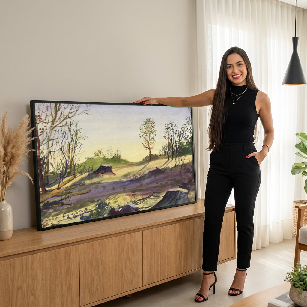 Quadro Decorativo Paisagem com Árvores - Oskar Laske | modelo apresentando o quadro emoldurado