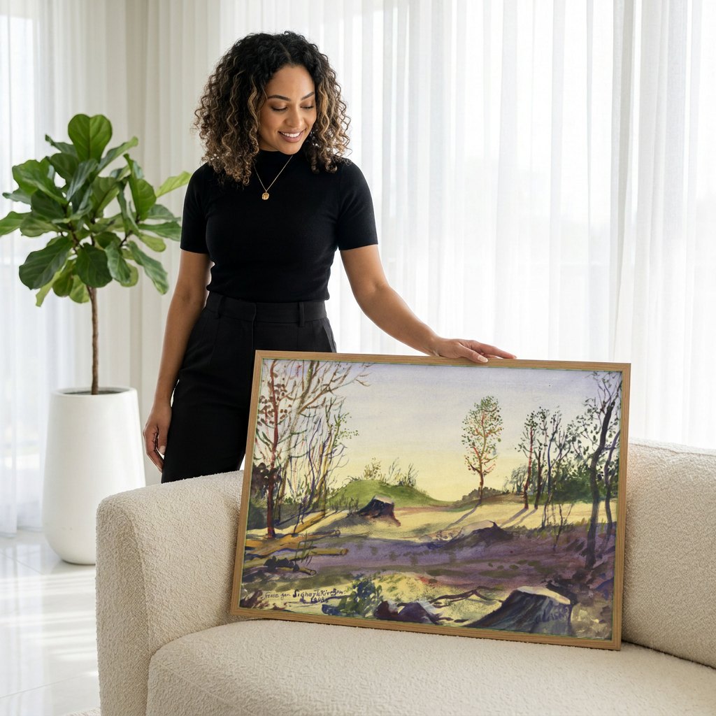 Quadro Decorativo Paisagem com Árvores - Oskar Laske | modelo apresentando o quadro emoldurado