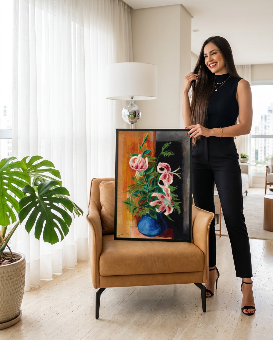 Quadro Decorativo Lírios em Vaso Azul - Moïse Kisling | modelo apresentando o quadro emoldurado