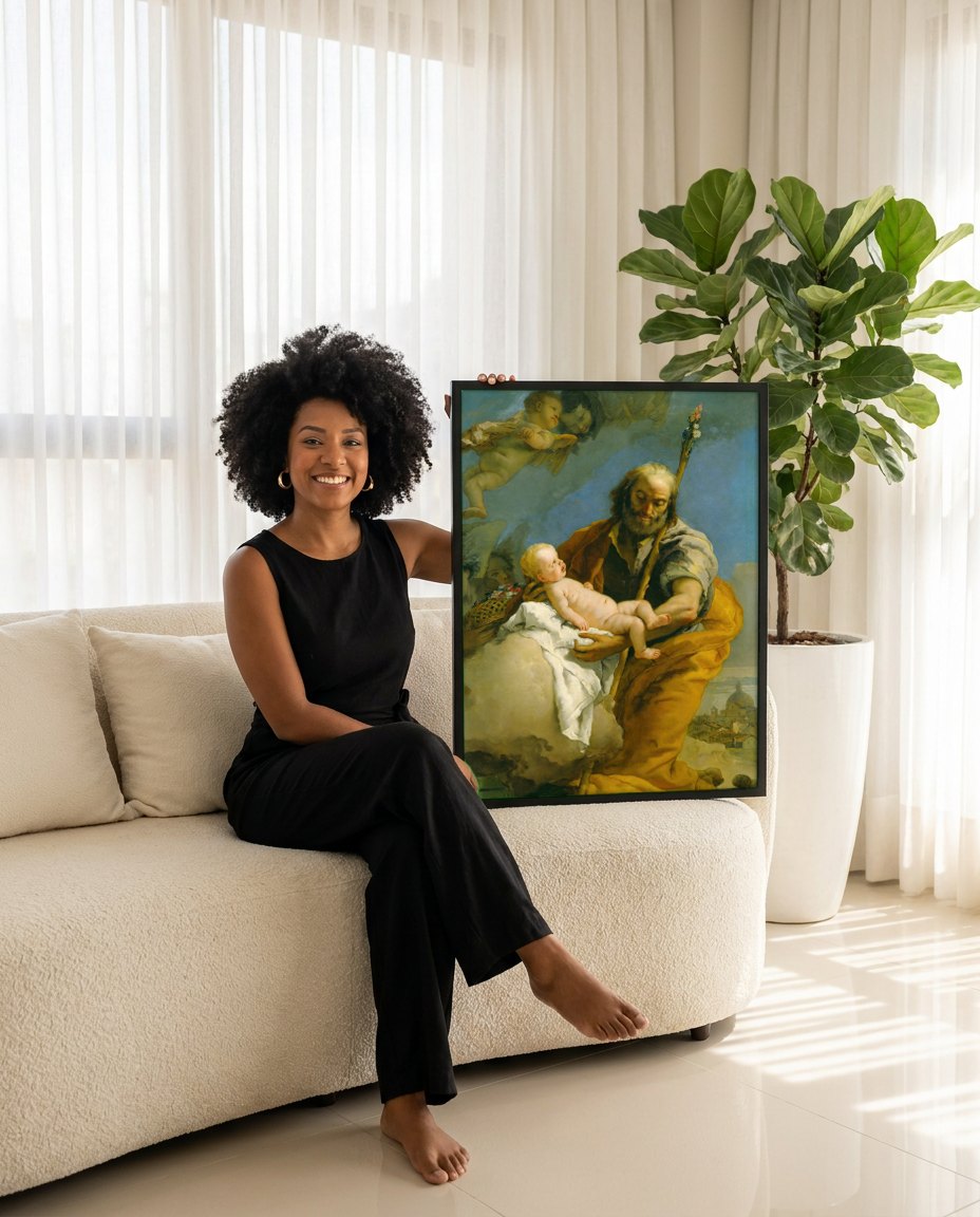 Quadro Decorativo A Virgem e o Menino com São José - Tiepolo | modelo apresentando o quadro emoldurado