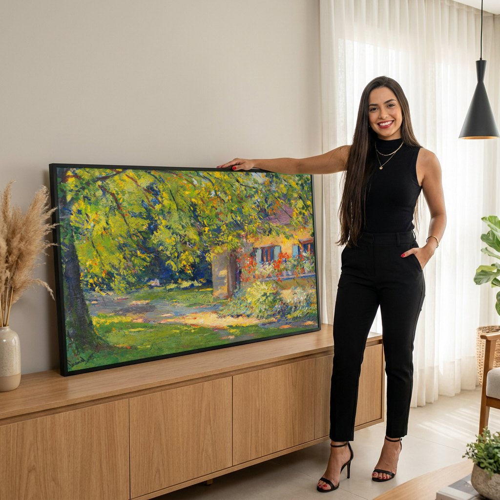 Quadro Decorativo Casa no Campo com Árvores - Edward Cucuel | modelo apresentando o quadro emoldurado
