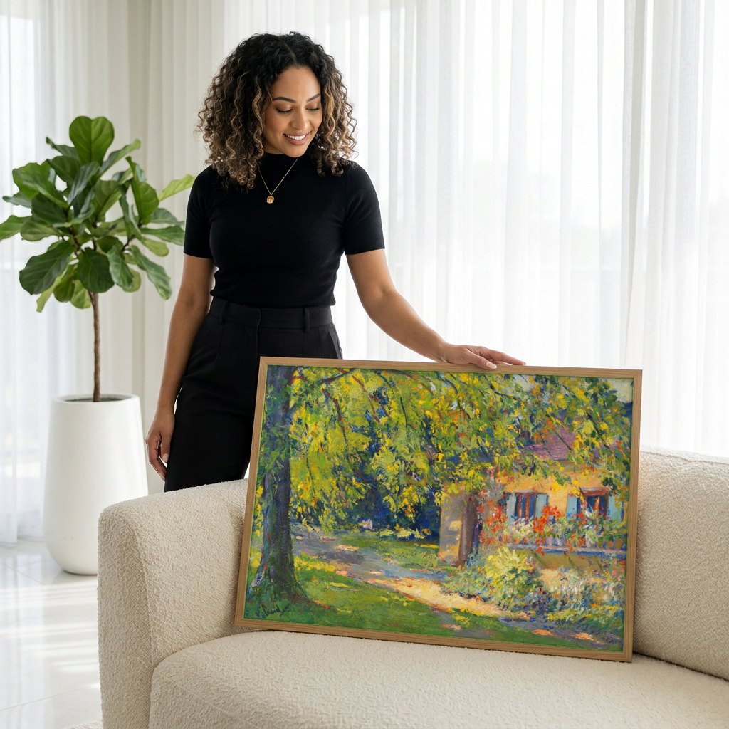 Quadro Decorativo Casa no Campo com Árvores - Edward Cucuel | modelo apresentando o quadro emoldurado
