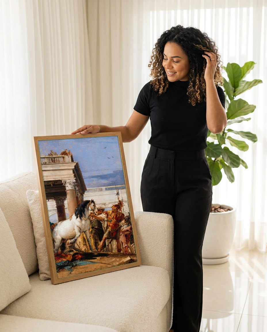 Quadro Decorativo A Contenção do Cavalo - Tiepolo | modelo apresentando o quadro emoldurado