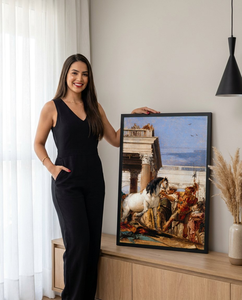 Quadro Decorativo A Contenção do Cavalo - Tiepolo | modelo apresentando o quadro emoldurado