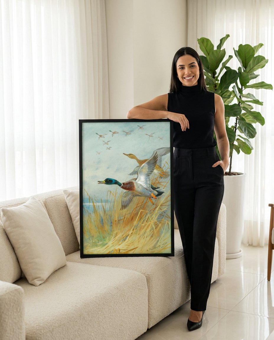 Quadro Decorativo Patos Selvagens em Voo - Thorburn | modelo apresentando o quadro emoldurado