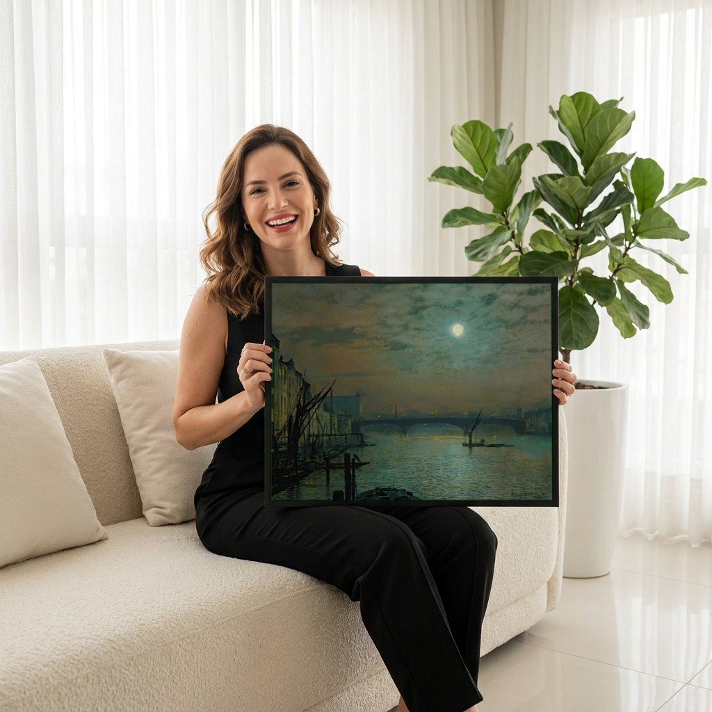 Quadro Decorativo 'Noite de Lua Cheia no Tâmisa' - Grimshaw | modelo apresentando o quadro emoldurado