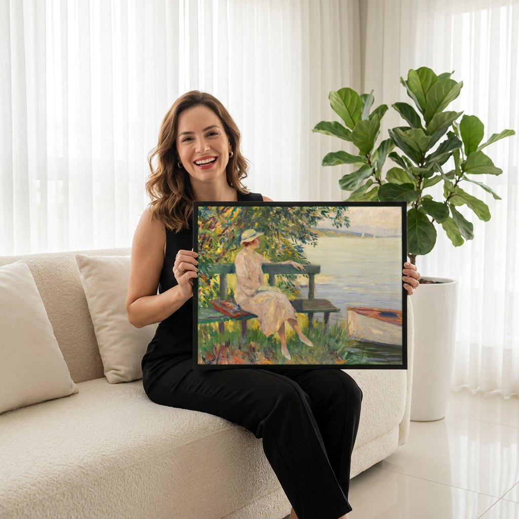 Quadro Decorativo A Dama à Beira do Lago - Edward Cucuel | modelo apresentando o quadro emoldurado