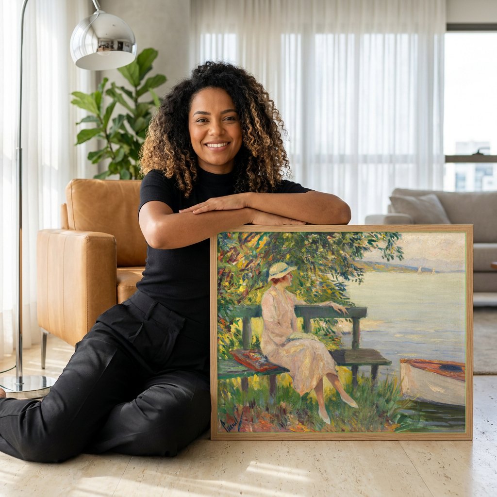 Quadro Decorativo A Dama à Beira do Lago - Edward Cucuel | modelo apresentando o quadro emoldurado