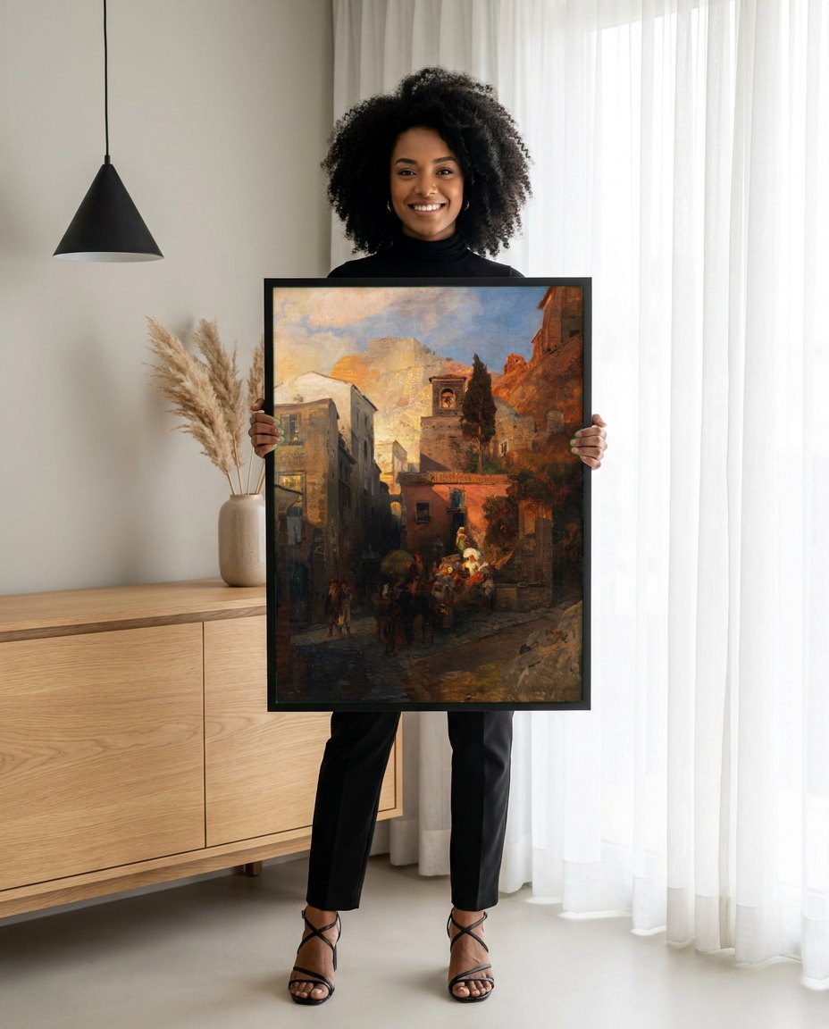 Quadro Decorativo Cena de Rua Italiana - Oswald Achenbach | modelo apresentando o quadro emoldurado