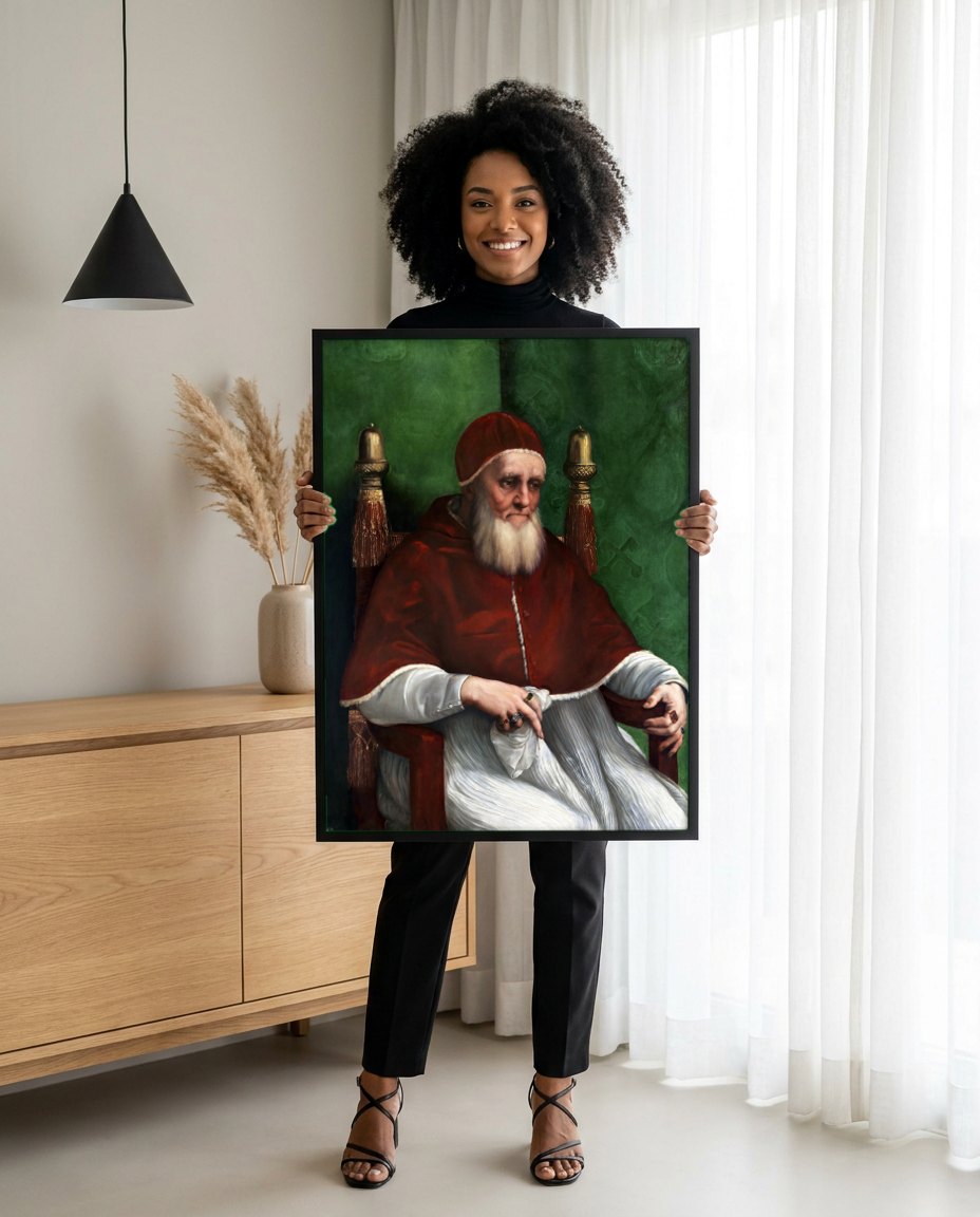 Quadro Decorativo Retrato do Papa Júlio II - Rafael | modelo apresentando o quadro emoldurado