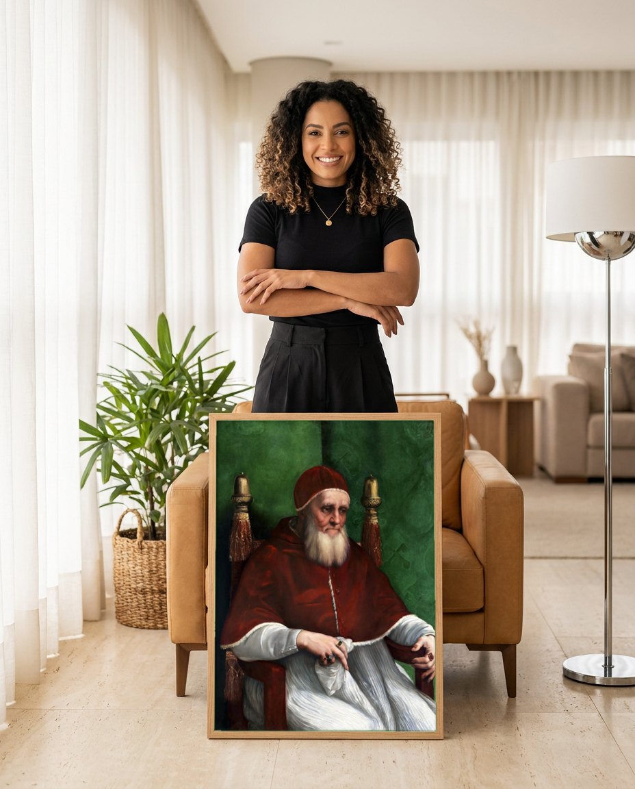 Quadro Decorativo Retrato do Papa Júlio II - Rafael | modelo apresentando o quadro emoldurado
