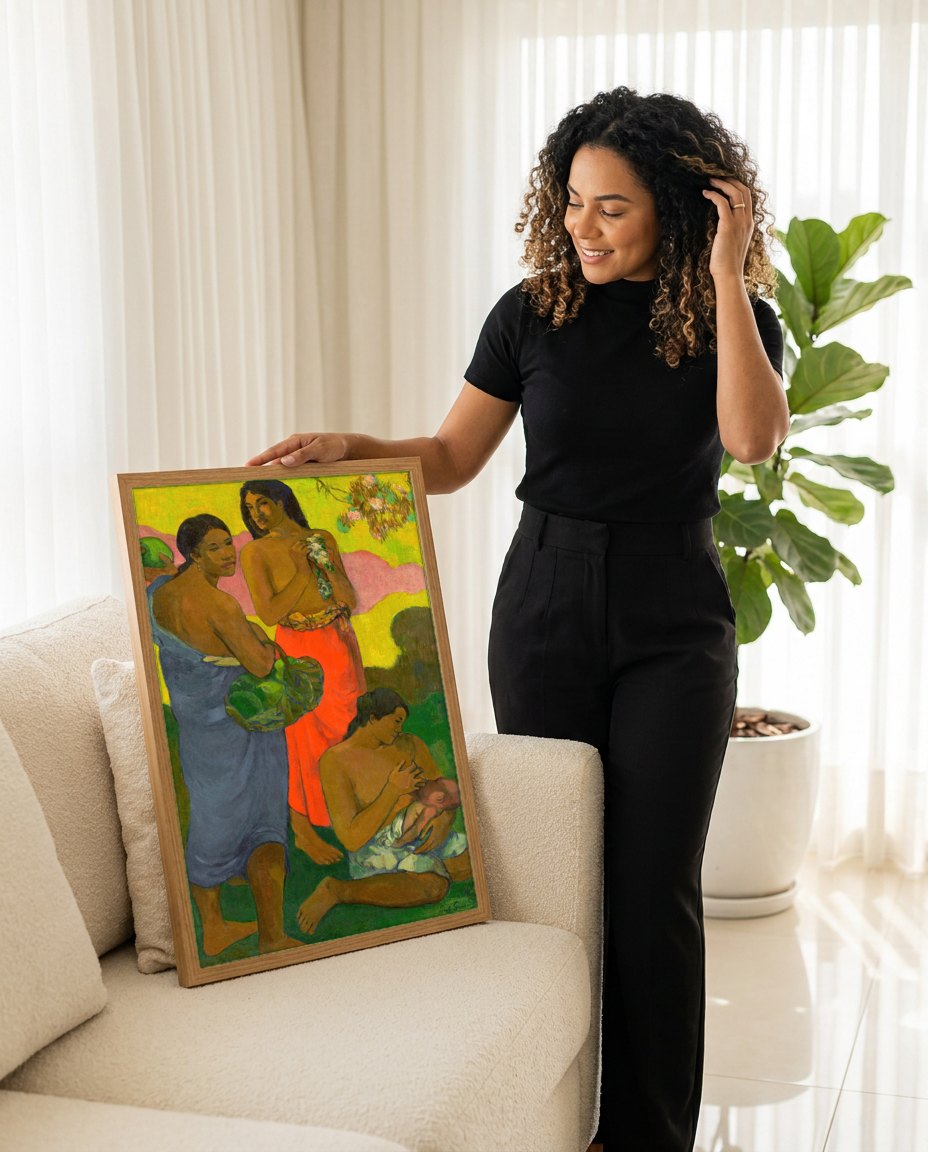 Quadro Decorativo A Oferenda (Arearea no Varua Ino) - Gauguin | modelo apresentando o quadro emoldurado