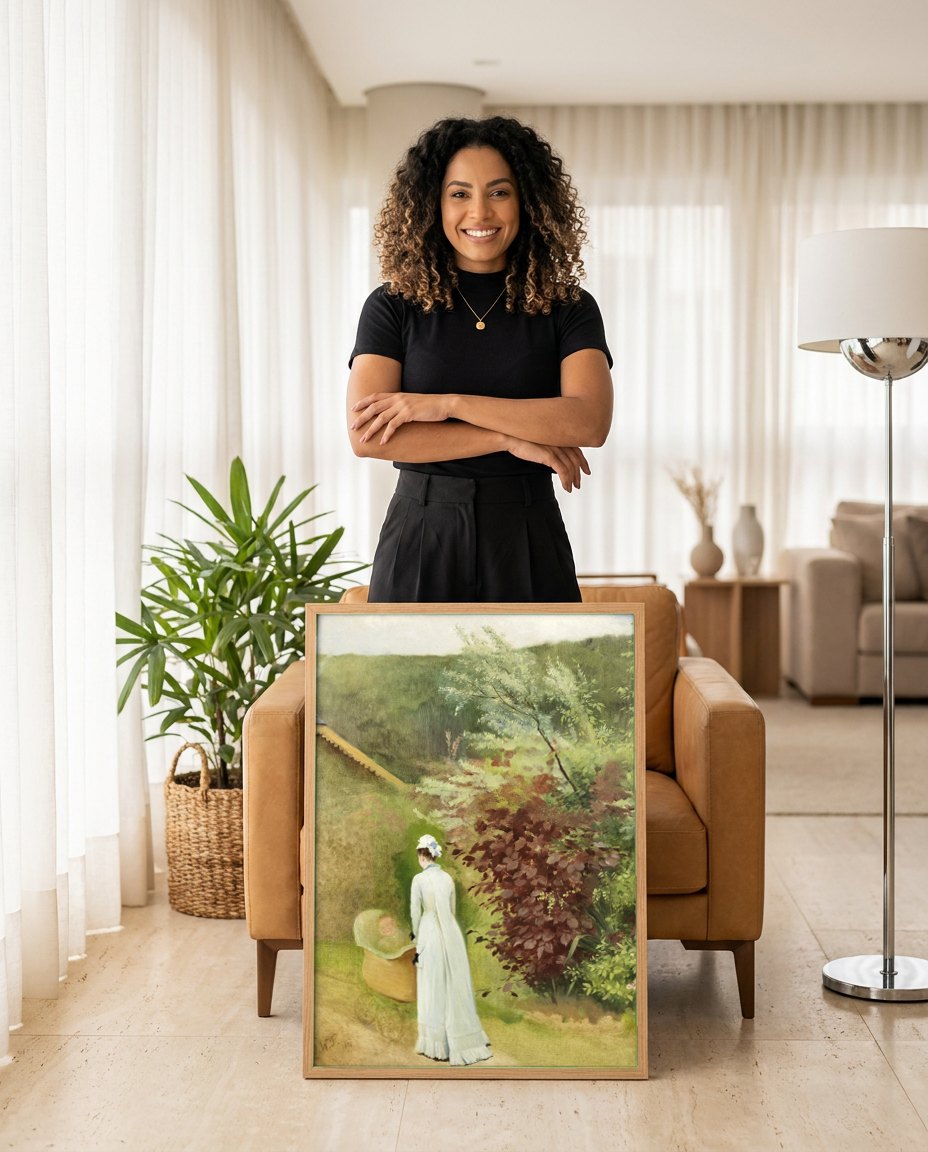 Quadro Decorativo Mãe e Bebê no Jardim - Olga Wisinger-Florian | modelo apresentando o quadro emoldurado