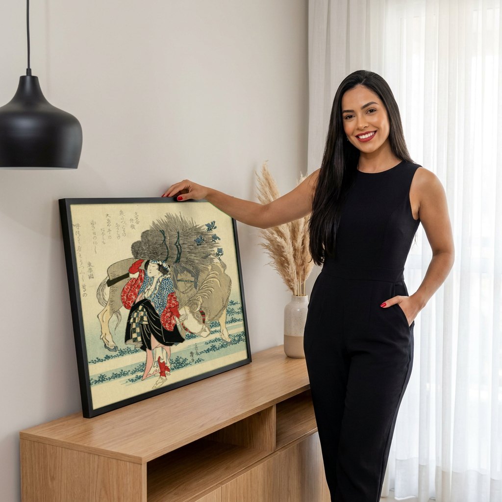 Quadro Decorativo A Mulher e o Cavalo - Hokusai | modelo apresentando o quadro emoldurado