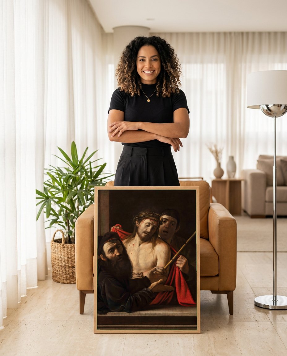 Quadro Decorativo Ecce Homo - Caravaggio | modelo apresentando o quadro emoldurado