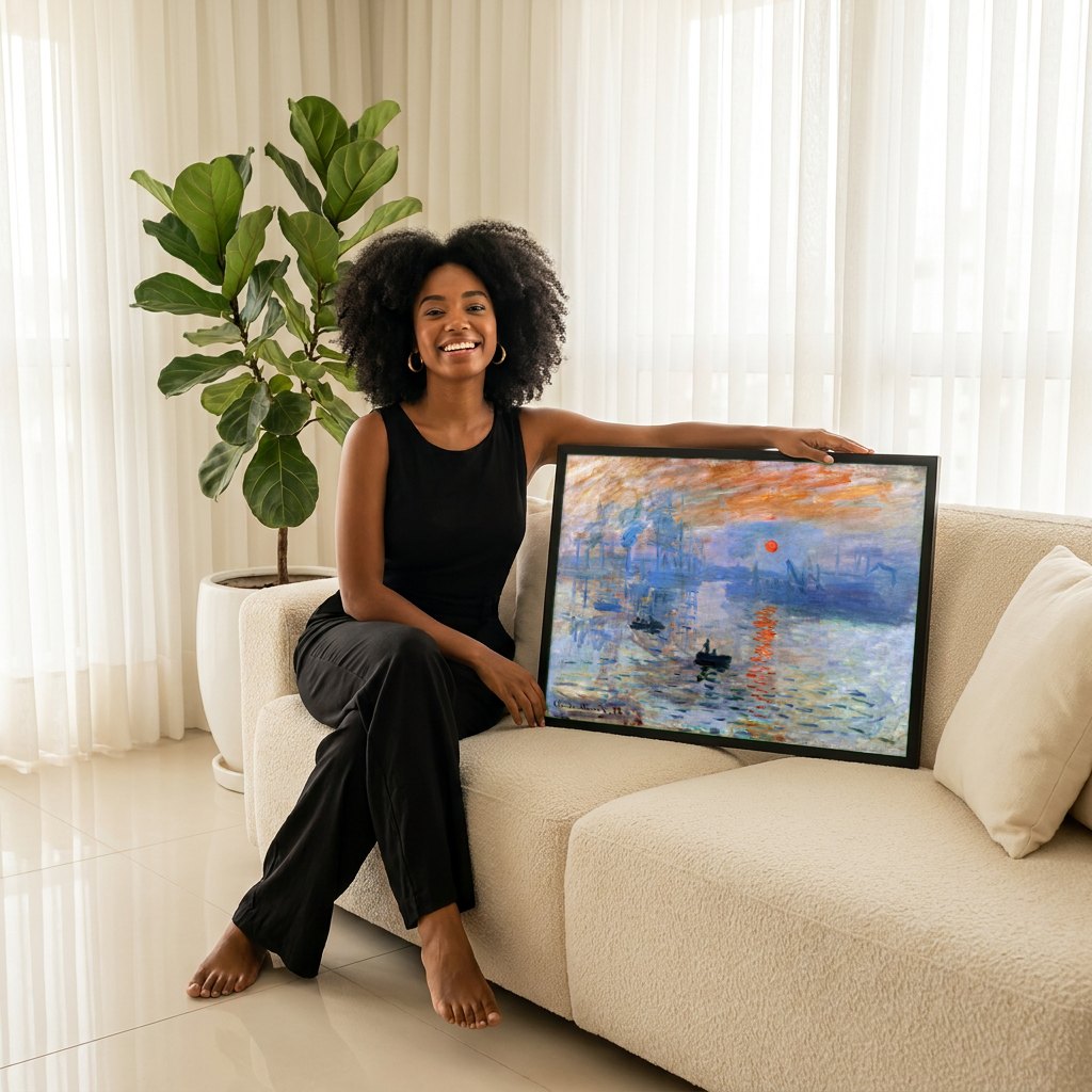 Quadro Decorativo Impressão, Nascer do Sol - Claude Monet | modelo apresentando o quadro emoldurado