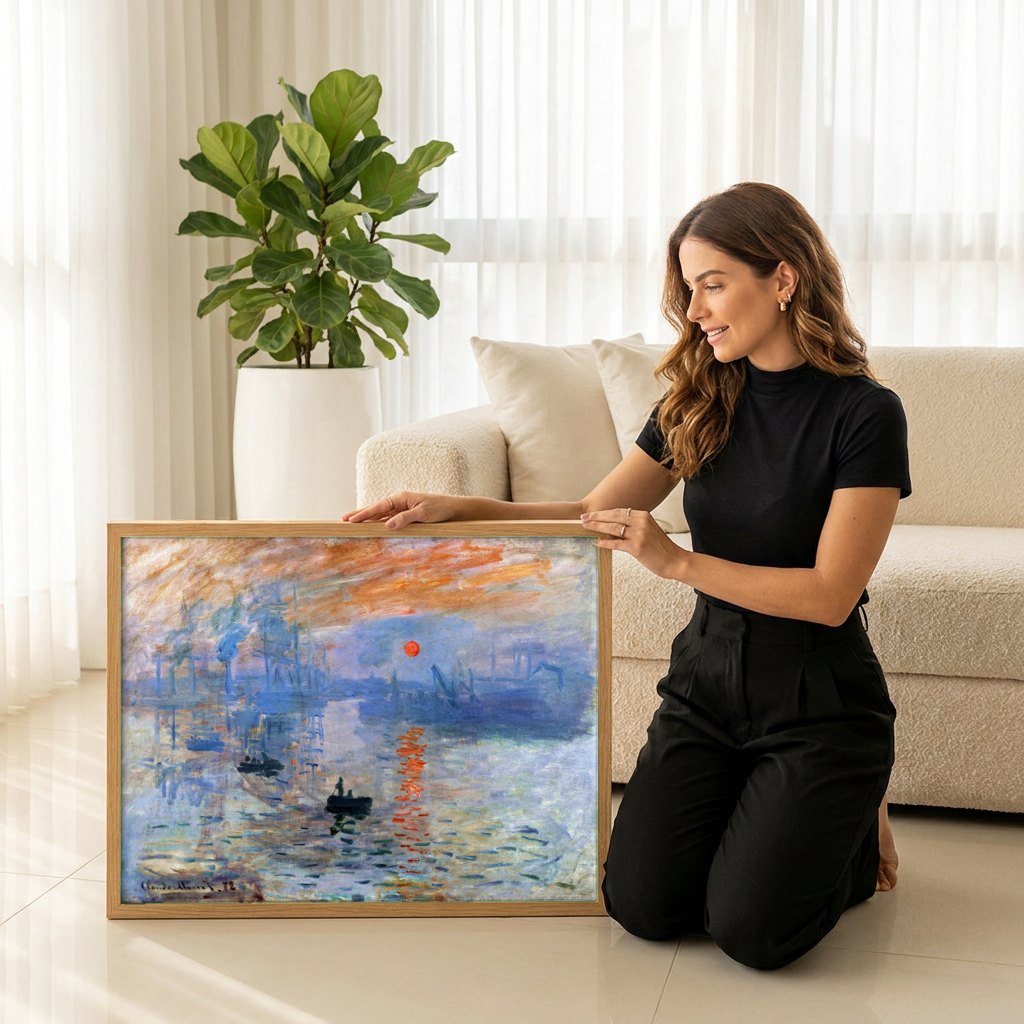 Quadro Decorativo Impressão, Nascer do Sol - Claude Monet | modelo apresentando o quadro emoldurado