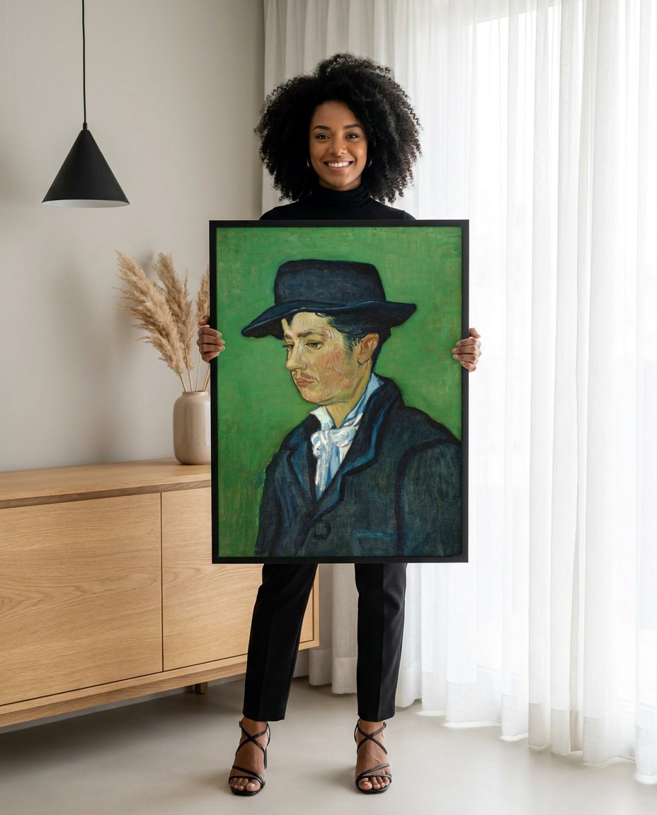 Quadro Decorativo Retrato de um Homem Jovem - Van Gogh | modelo apresentando o quadro emoldurado