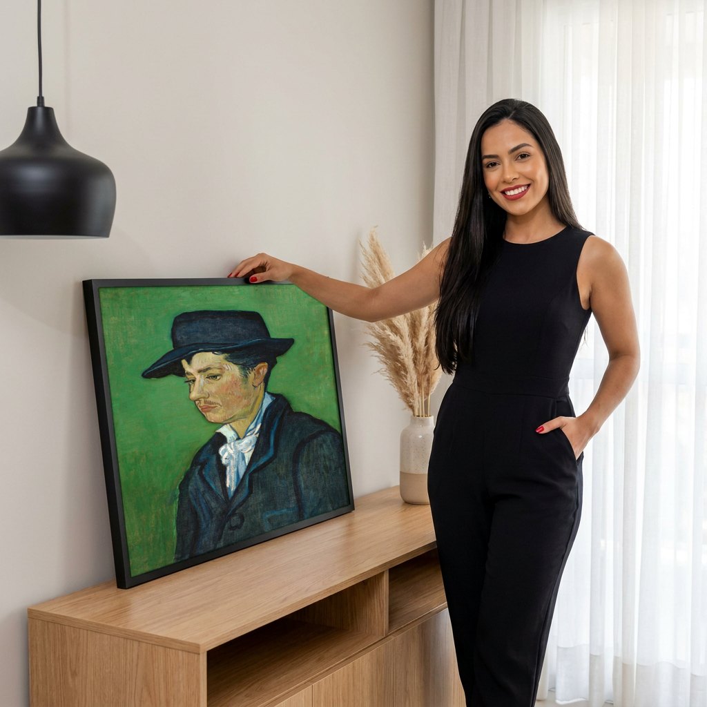 Quadro Decorativo Retrato de um Homem Jovem - Van Gogh | modelo apresentando o quadro emoldurado