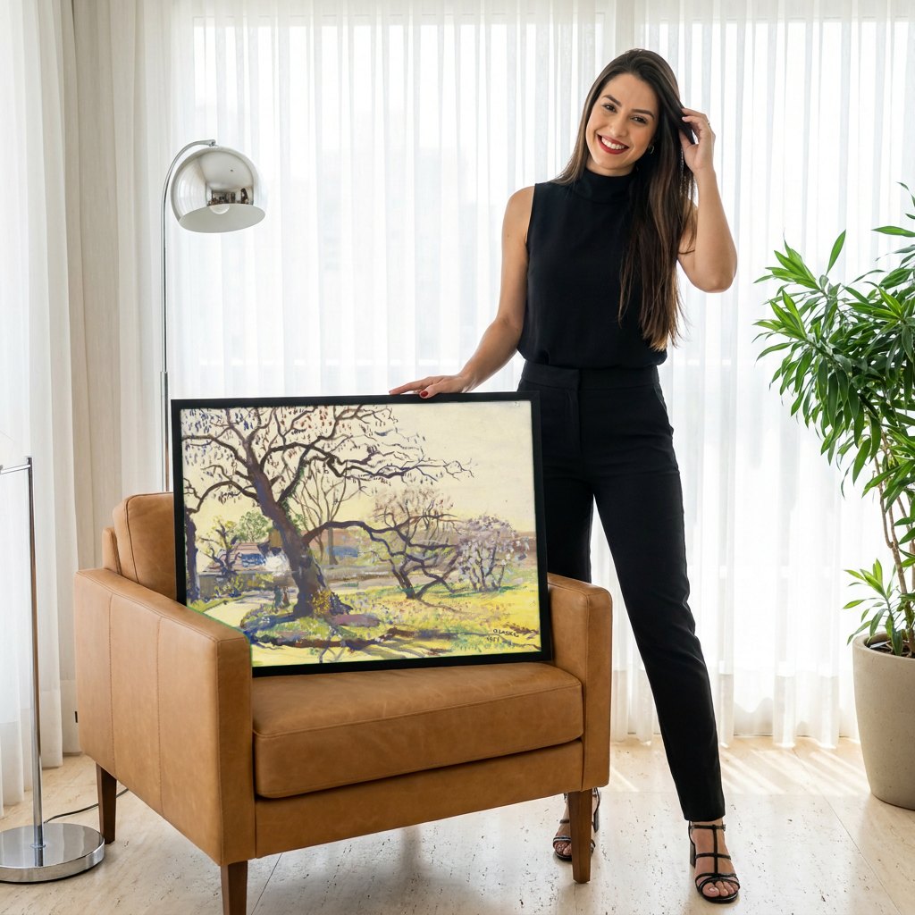 Quadro Decorativo Paisagem com Árvores - Oskar Laske | modelo apresentando o quadro emoldurado