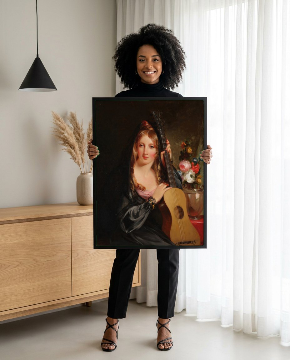 Quadro Decorativo 'A Garota com o Violão' - Thomas Sully | modelo apresentando o quadro emoldurado