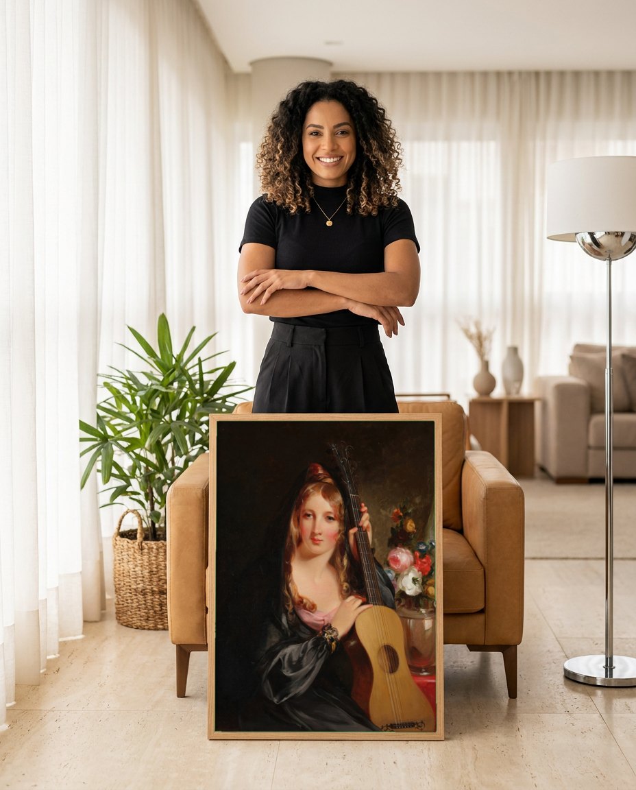 Quadro Decorativo 'A Garota com o Violão' - Thomas Sully | modelo apresentando o quadro emoldurado